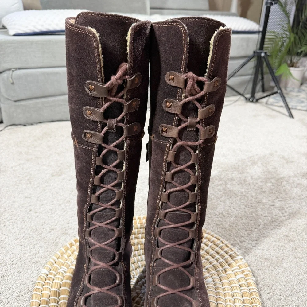 Timberland Y2K Moorland Hollace Tall Brown Suede Lace-Up Boots Sherpa Lined 7.5M
